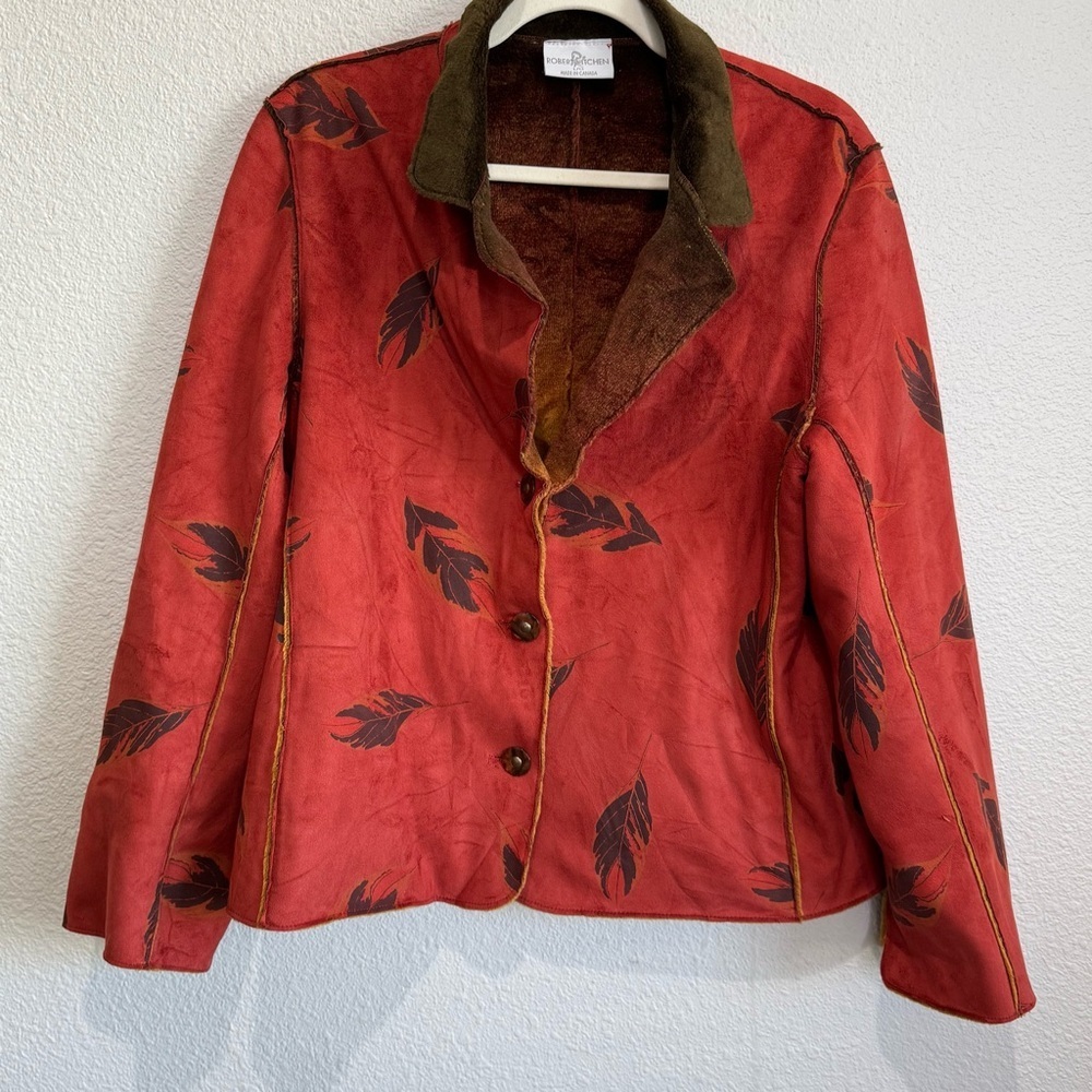 VTG Reversible Jacket Red Faux Suede + Fur Casual Button Up Boho Artsy Leaf L - Picture 3 of 14